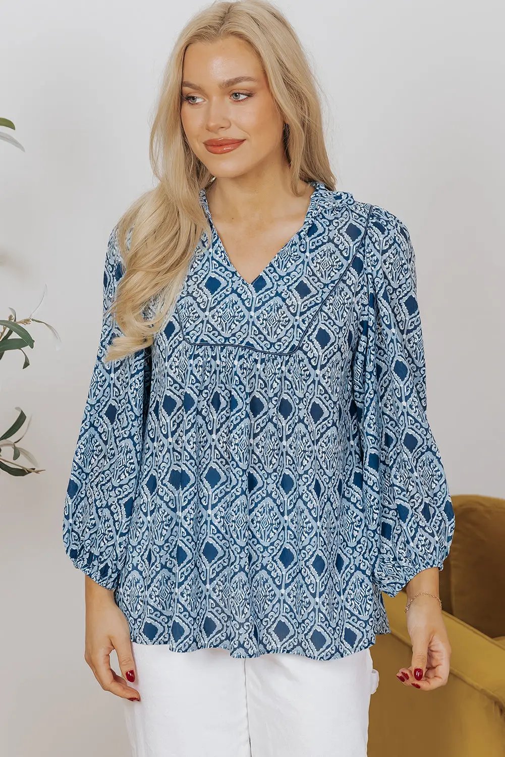 Grateful Threads Boutique Blue western Geometric Print Frilled Loose Fit Blouse - Blouses