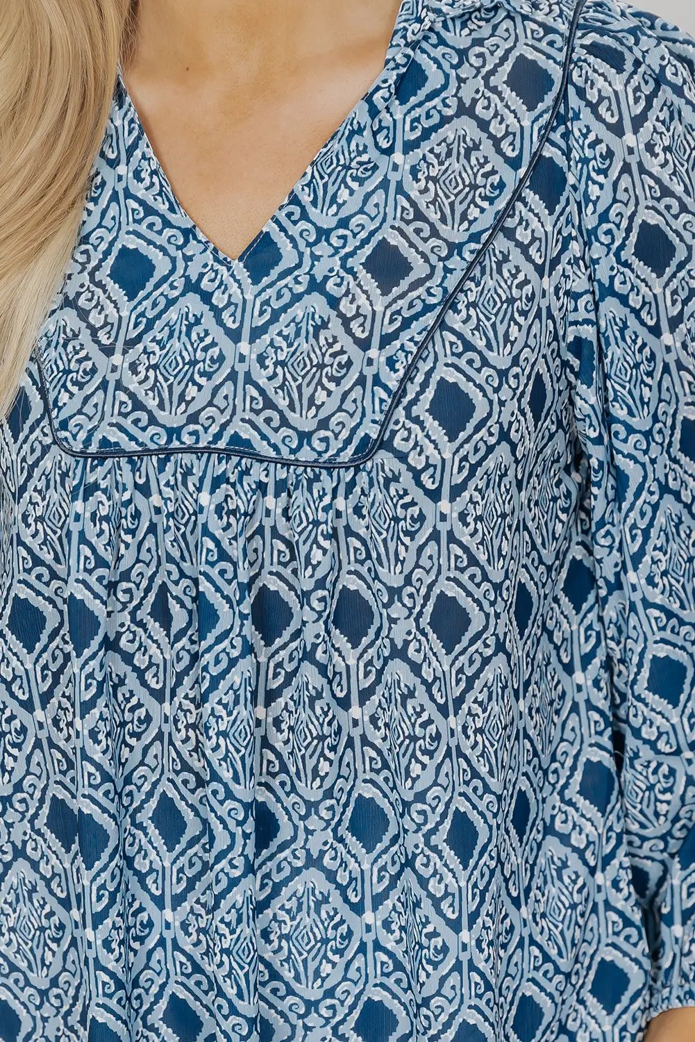 Grateful Threads Boutique Blue western Geometric Print Frilled Loose Fit Blouse - Blouses