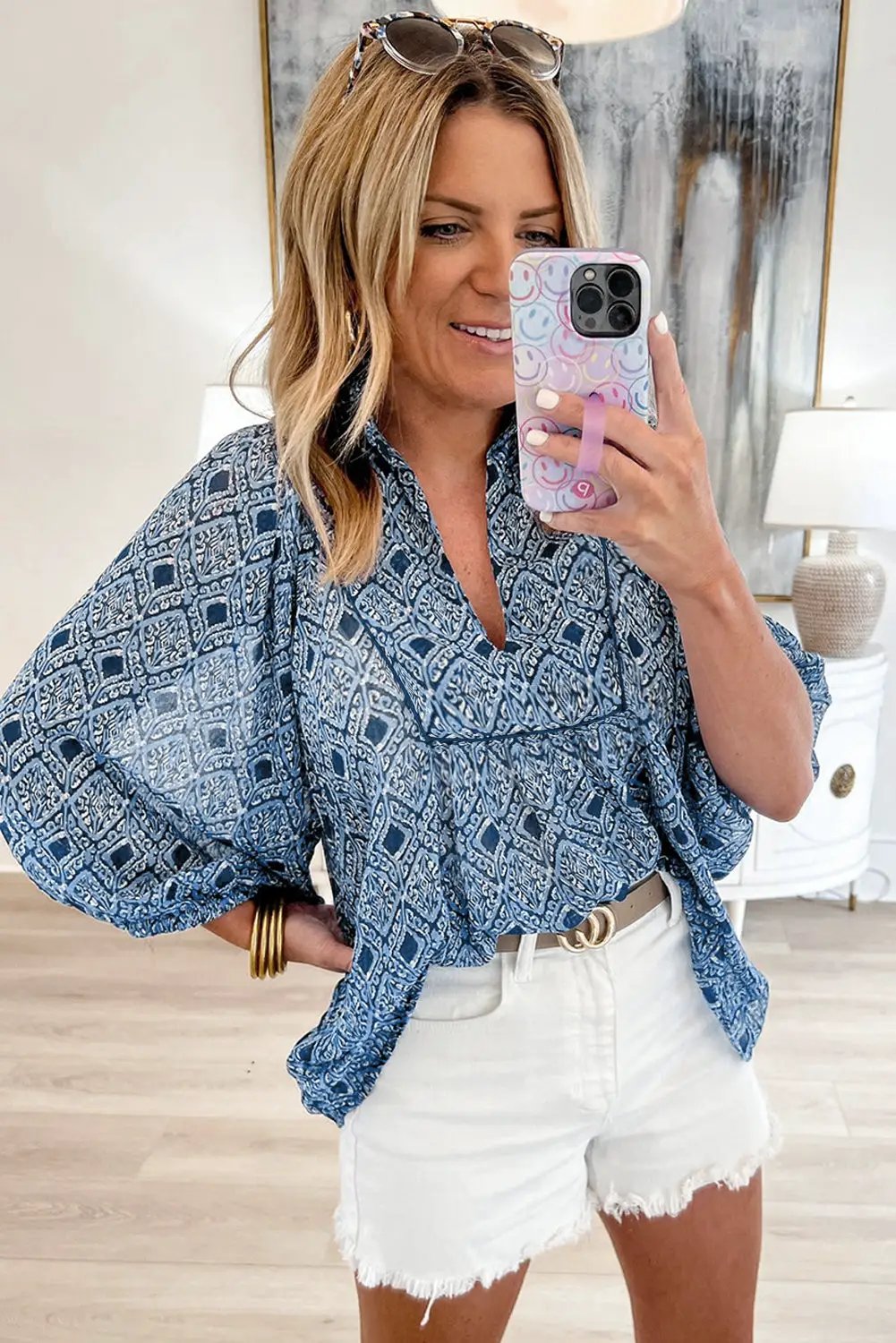 Grateful Threads Boutique Blue western Geometric Print Frilled Loose Fit Blouse - Blouses