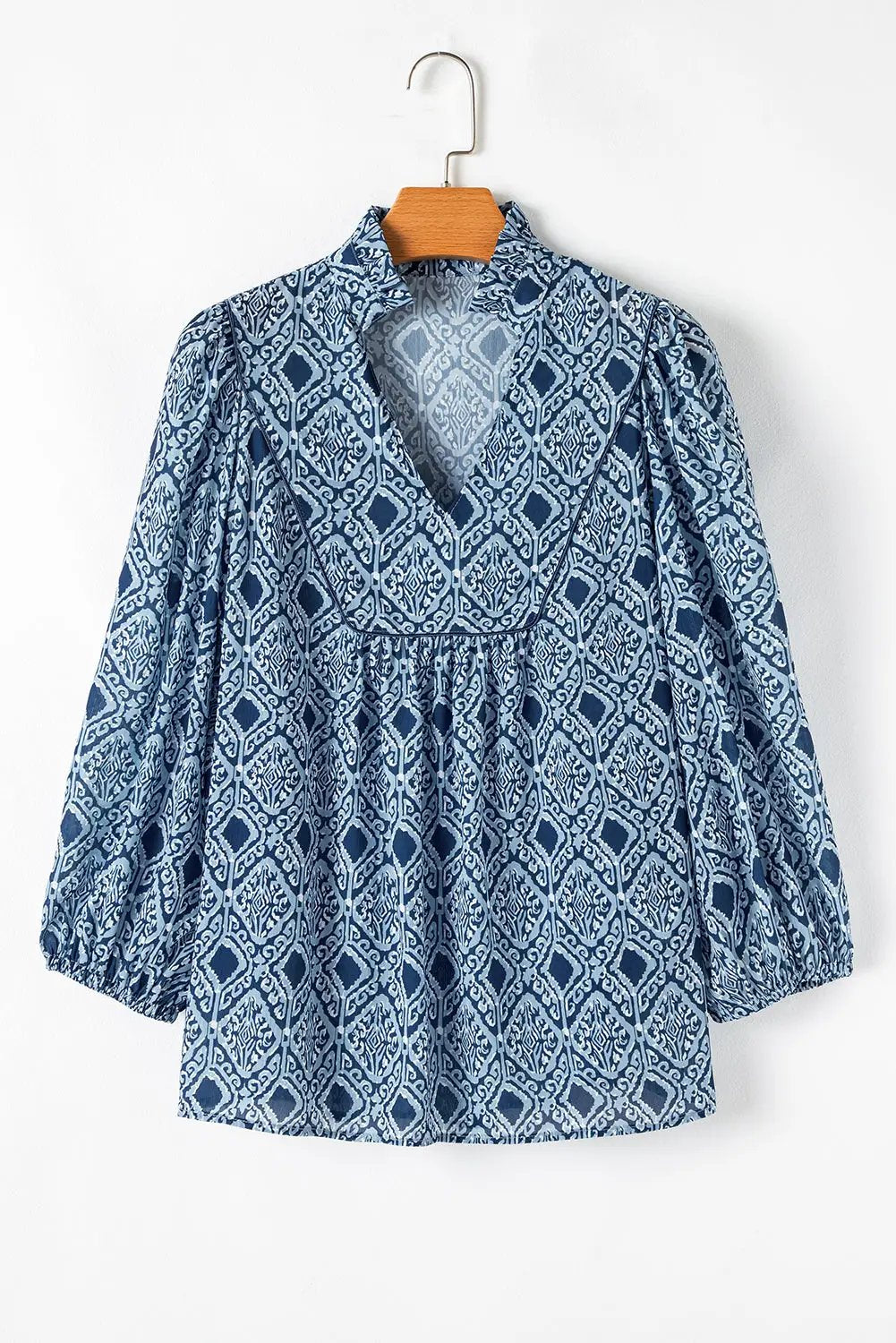 Grateful Threads Boutique Blue western Geometric Print Frilled Loose Fit Blouse - Blouses
