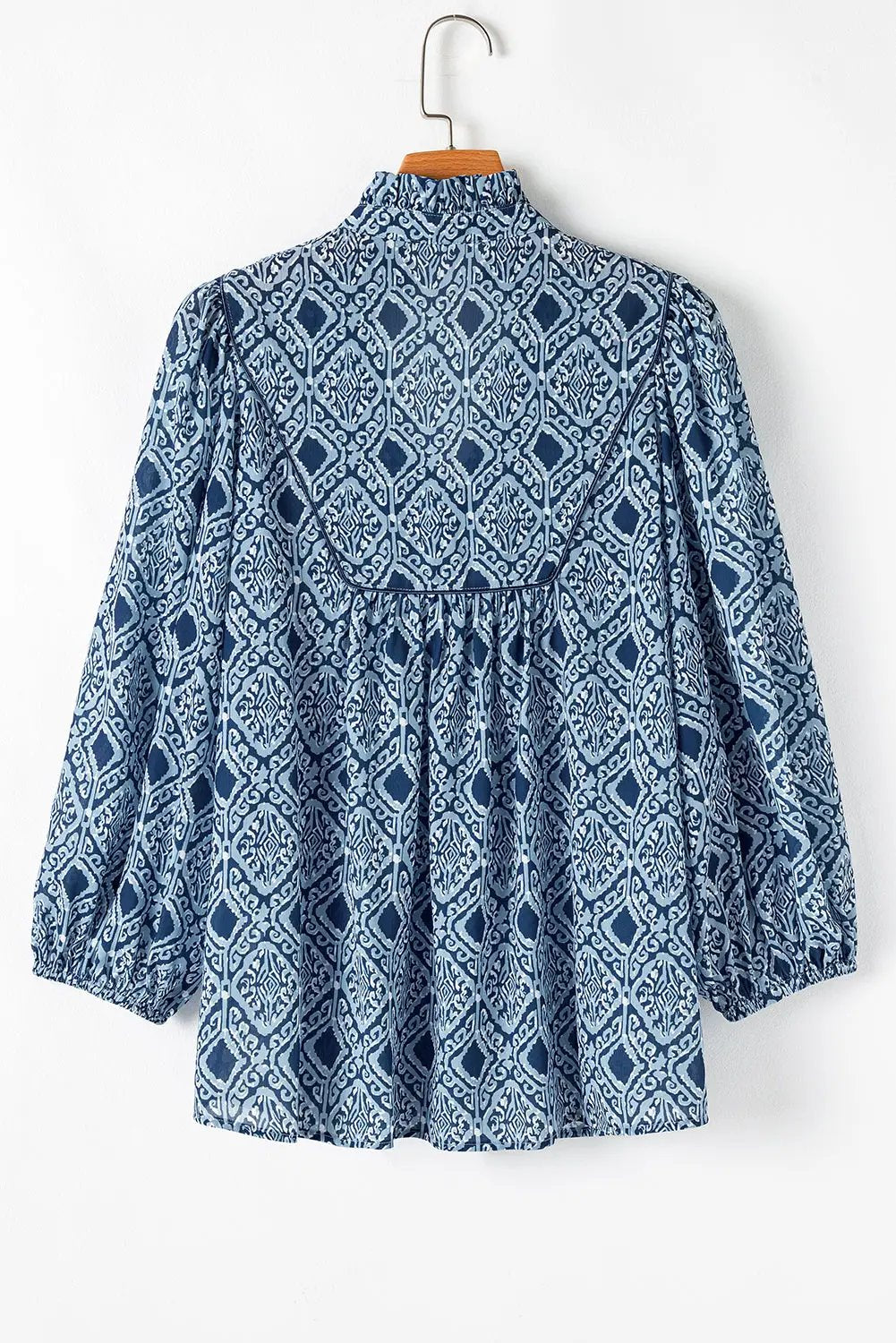 Grateful Threads Boutique Blue western Geometric Print Frilled Loose Fit Blouse - Blouses