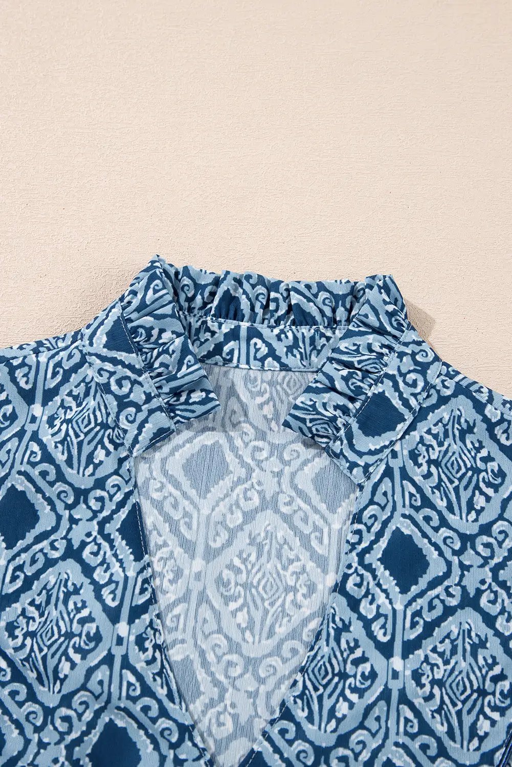 Grateful Threads Boutique Blue western Geometric Print Frilled Loose Fit Blouse - Blouses