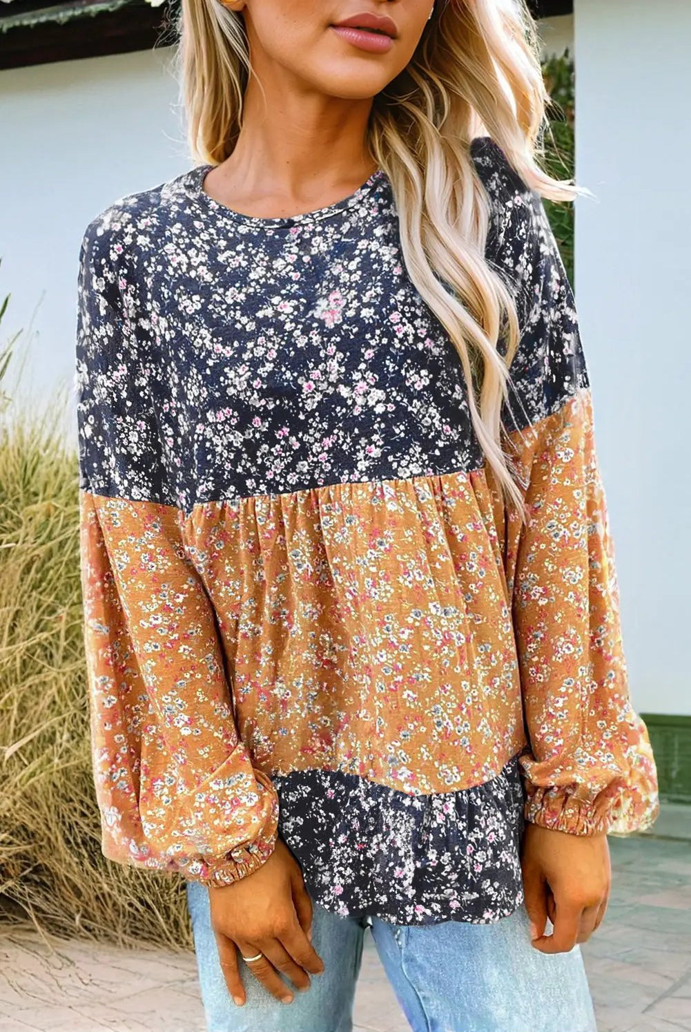 Grateful Threads Boutique Blue Floral Color Block Patchwork Ruffled Hem Round Neck Blouse - Blouses top-blouse
