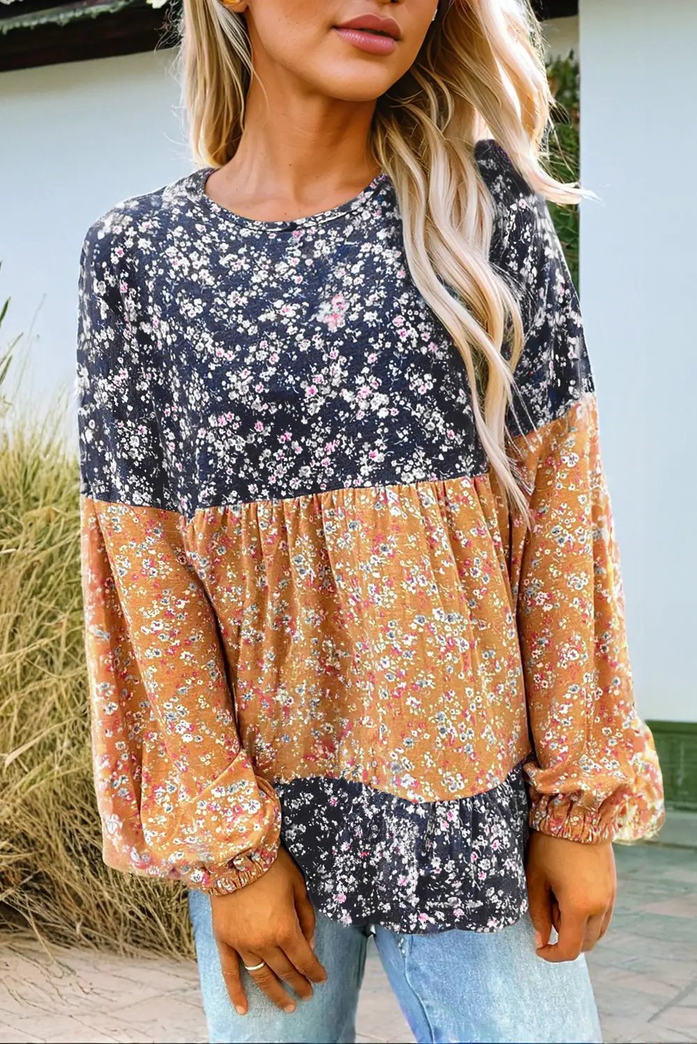 Grateful Threads Boutique Blue Floral Color Block Patchwork Ruffled Hem Round Neck Blouse - Blouses top-blouse