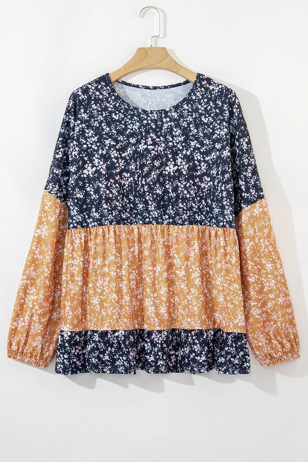 Grateful Threads Boutique Blue Floral Color Block Patchwork Ruffled Hem Round Neck Blouse - Blouses top-blouse