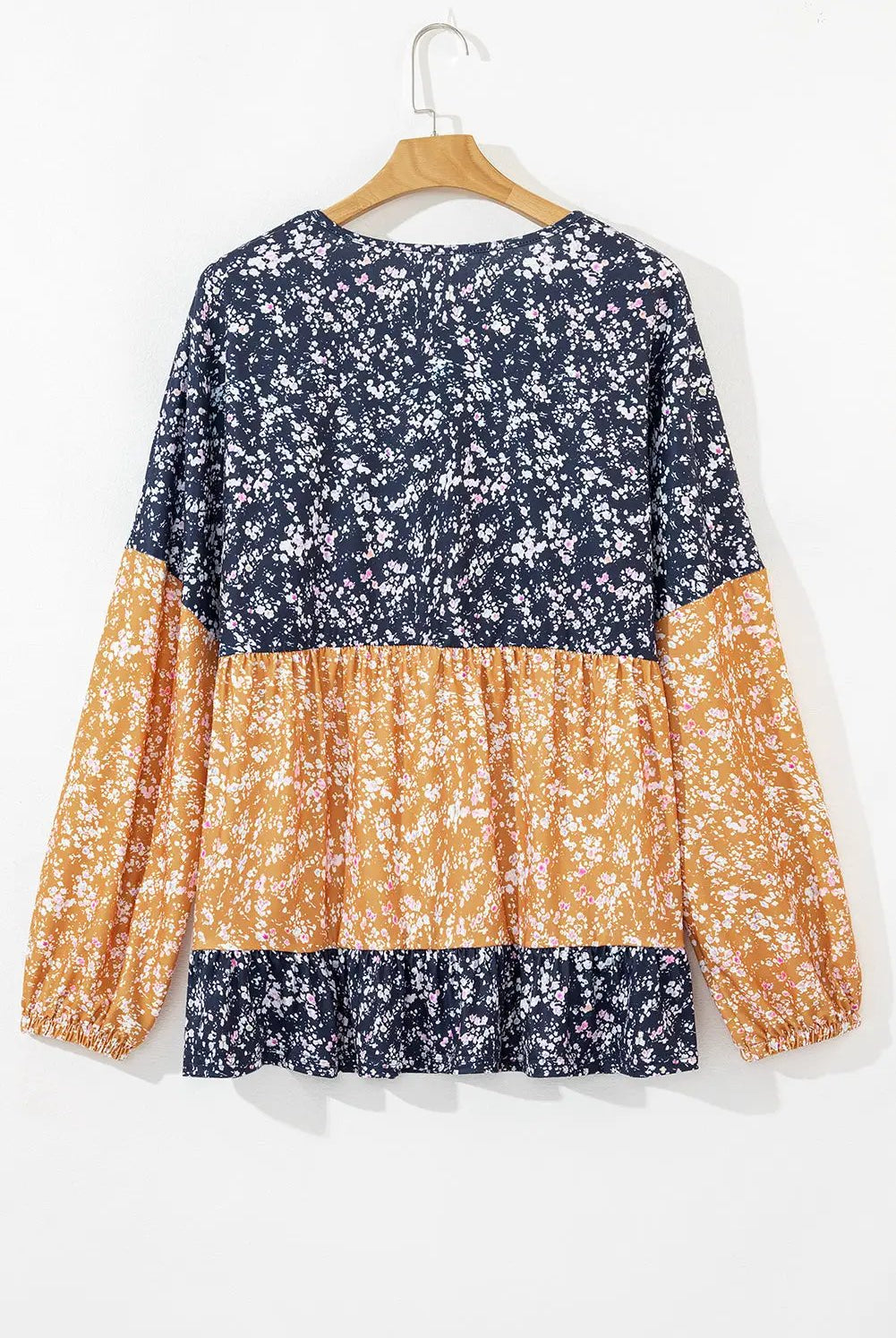 Grateful Threads Boutique Blue Floral Color Block Patchwork Ruffled Hem Round Neck Blouse - Blouses top-blouse