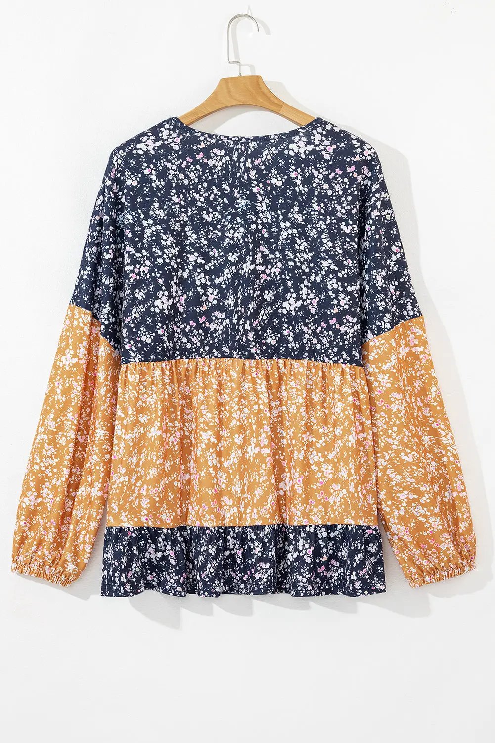 Grateful Threads Boutique Blue Floral Color Block Patchwork Ruffled Hem Round Neck Blouse - Blouses top-blouse