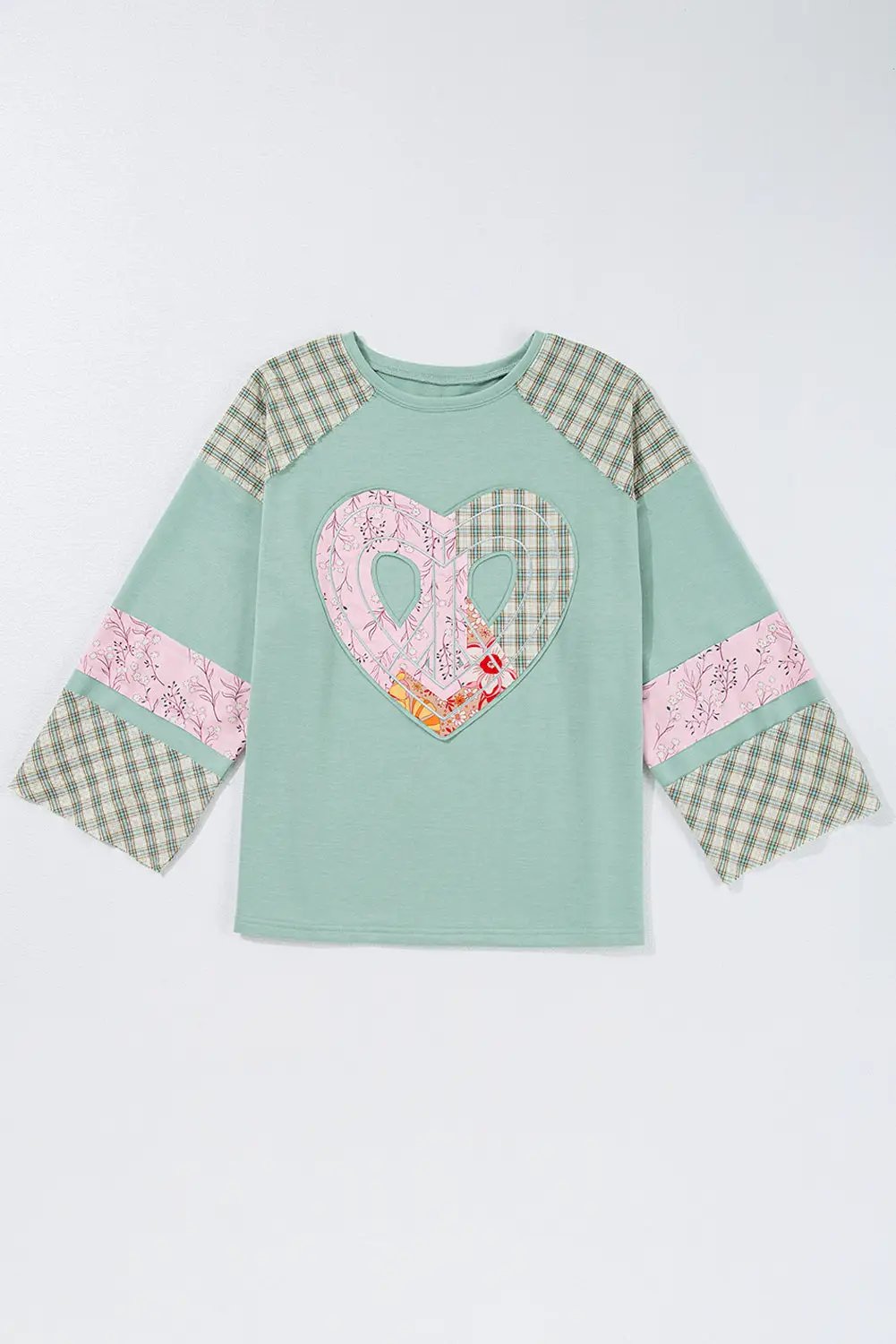 Grateful Threads Boutique Aqua Plaid Floral Peace Heart Graphic Wide Top - Blouses