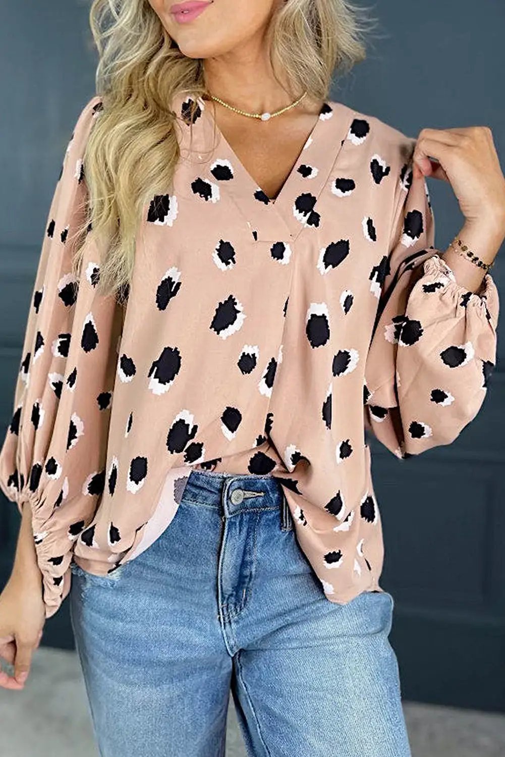 Grateful Threads Boutique Khaki Classic Leopard V-Neck Bracelet Sleeve Blouse - Blouses Leopard V Neck Blouse