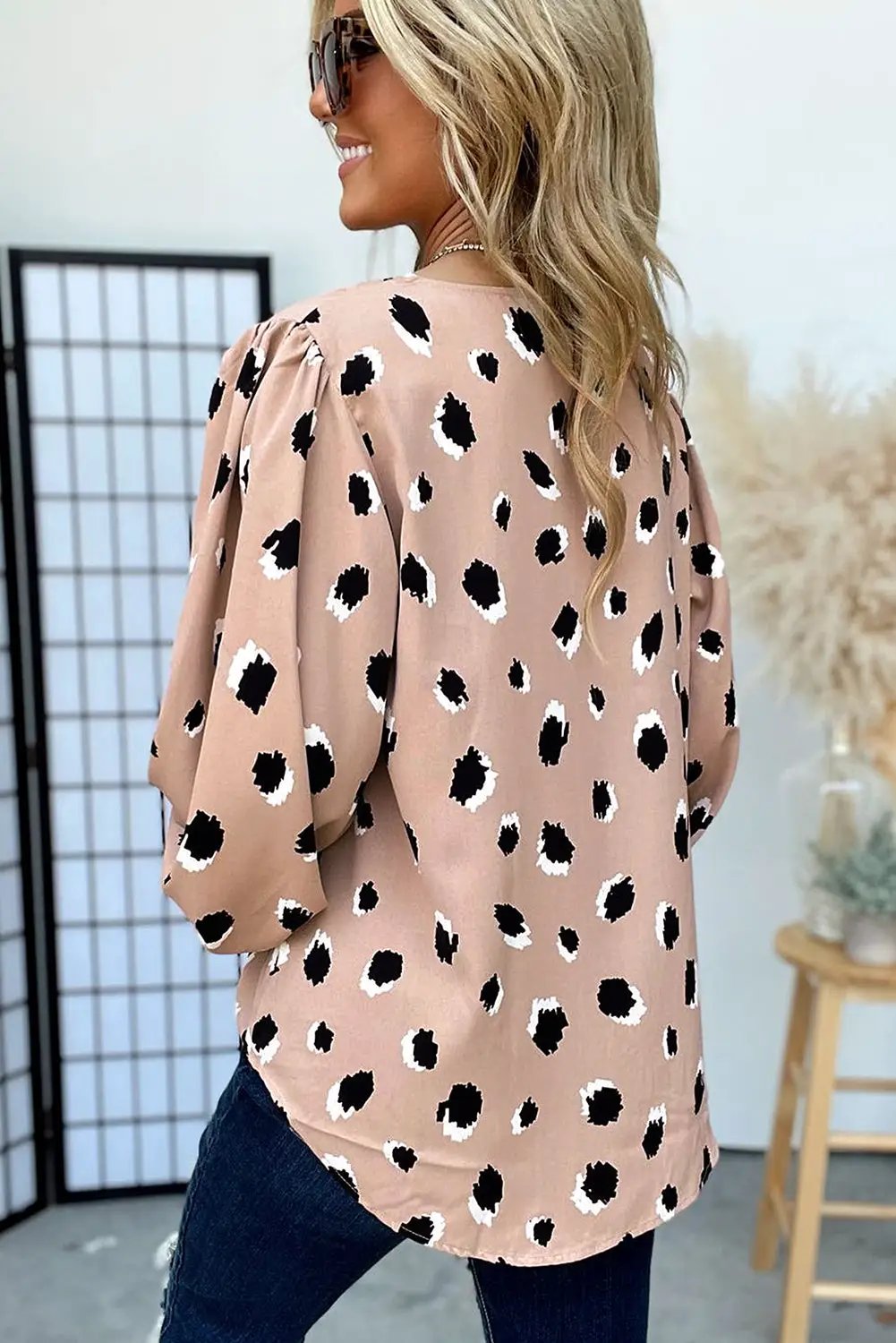 Grateful Threads Boutique Khaki Classic Leopard V-Neck Bracelet Sleeve Blouse - Blouses Leopard V Neck Blouse