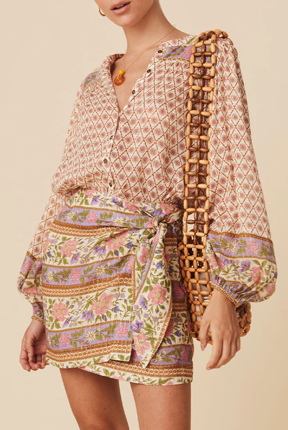 Grateful Threads Boutique Multicolor Boho Floral Mixed Print Puff Sleeve Shirt - Shirts Multicolor Boho Floral Mixed Print Puff Sleeve Shirt