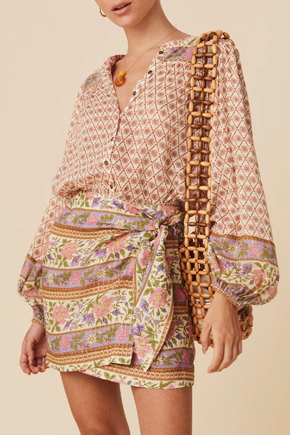 Grateful Threads Boutique Multicolor Boho Floral Mixed Print Puff Sleeve Shirt - Shirts Multicolor Boho Floral Mixed Print Puff Sleeve Shirt