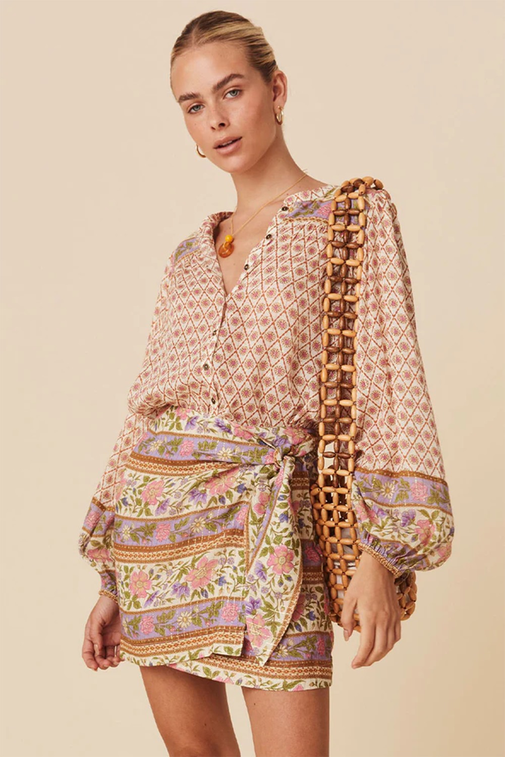 Grateful Threads Boutique Multicolor Boho Floral Mixed Print Puff Sleeve Shirt - Shirts Multicolor Boho Floral Mixed Print Puff Sleeve Shirt