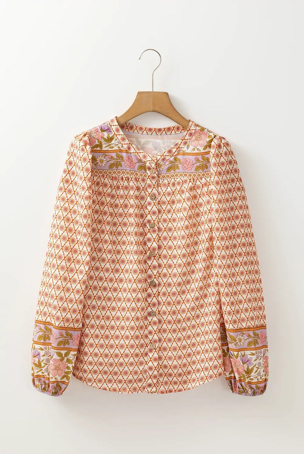 Grateful Threads Boutique Multicolor Boho Floral Mixed Print Puff Sleeve Shirt - Shirts Multicolor Boho Floral Mixed Print Puff Sleeve Shirt