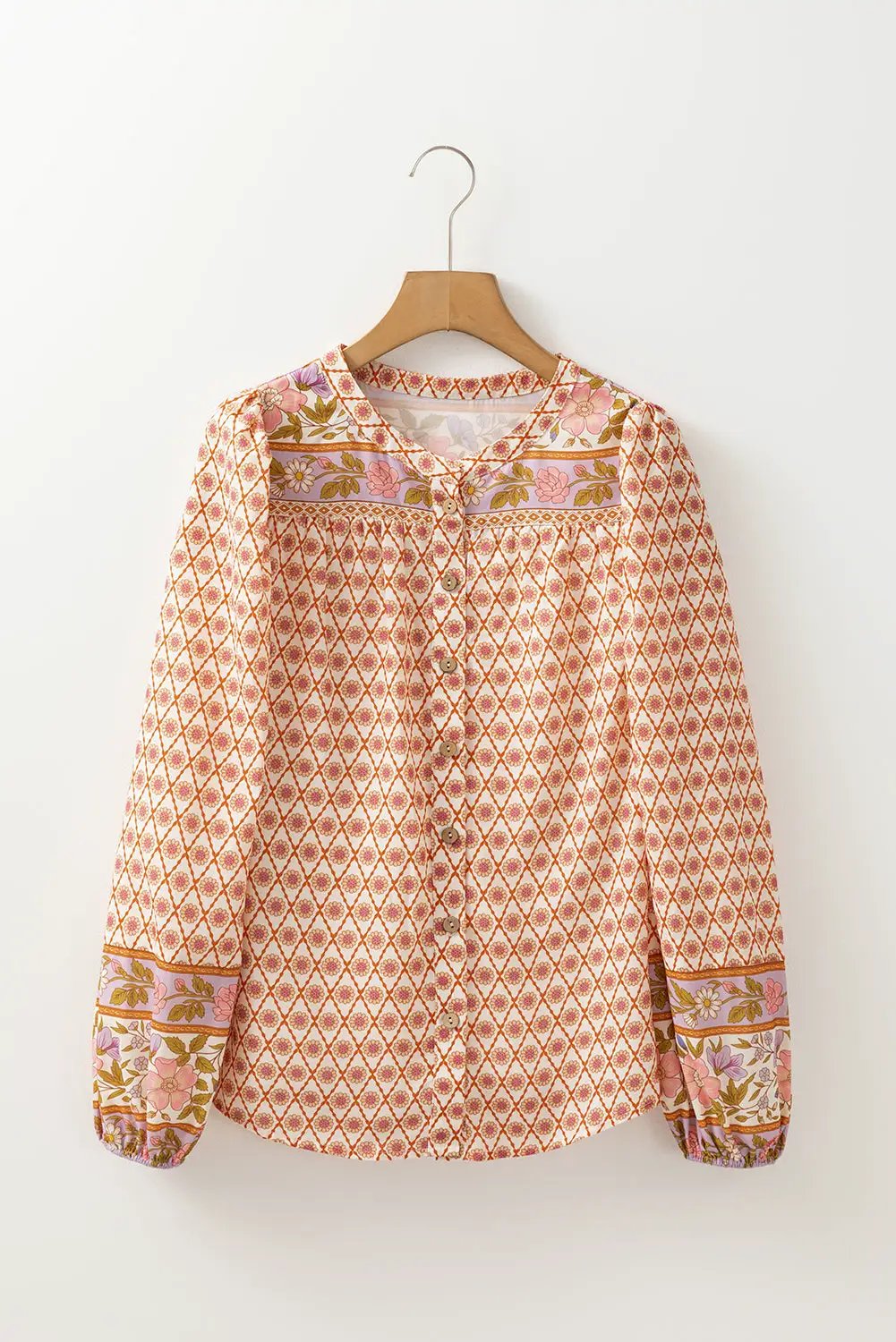 Grateful Threads Boutique Multicolor Boho Floral Mixed Print Puff Sleeve Shirt - Shirts Multicolor Boho Floral Mixed Print Puff Sleeve Shirt