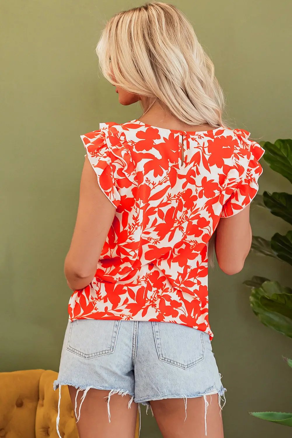 Grateful Threads Boutique Orange Floral Ruffle Sleeve Print Top - Clothing Tops Orange Floral Ruffle Sleeve Print Top