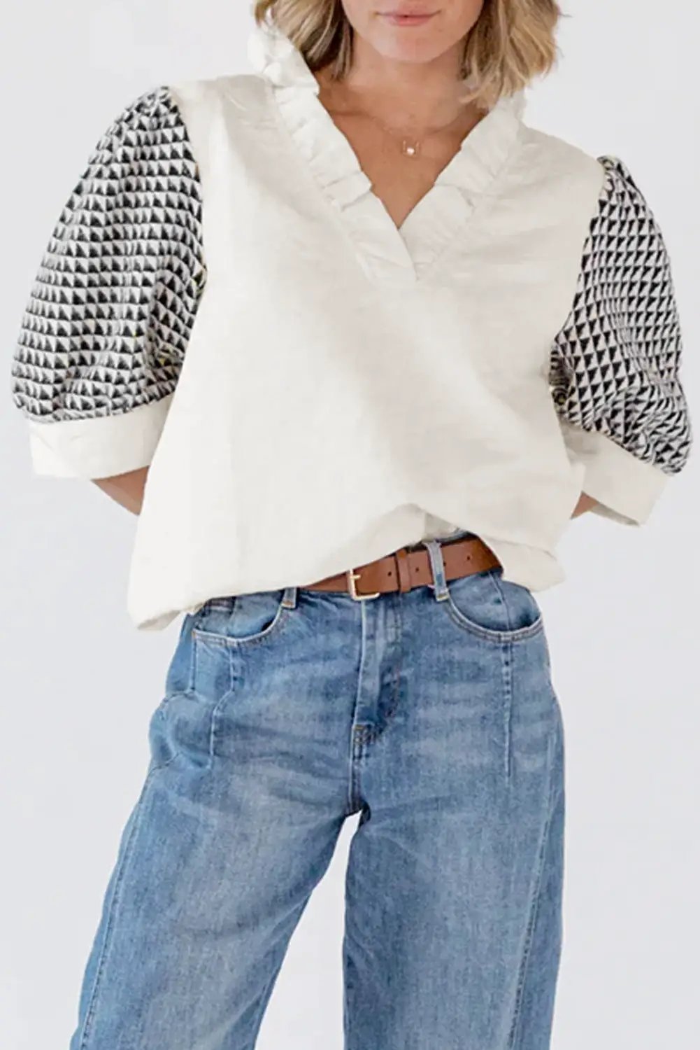 Grateful Threads Boutique White Geometric Textured Short Sleeve Frilly V Neck Blouse - Blouses White Geometric Textured Short Sleeve Frilly V Neck Blouse