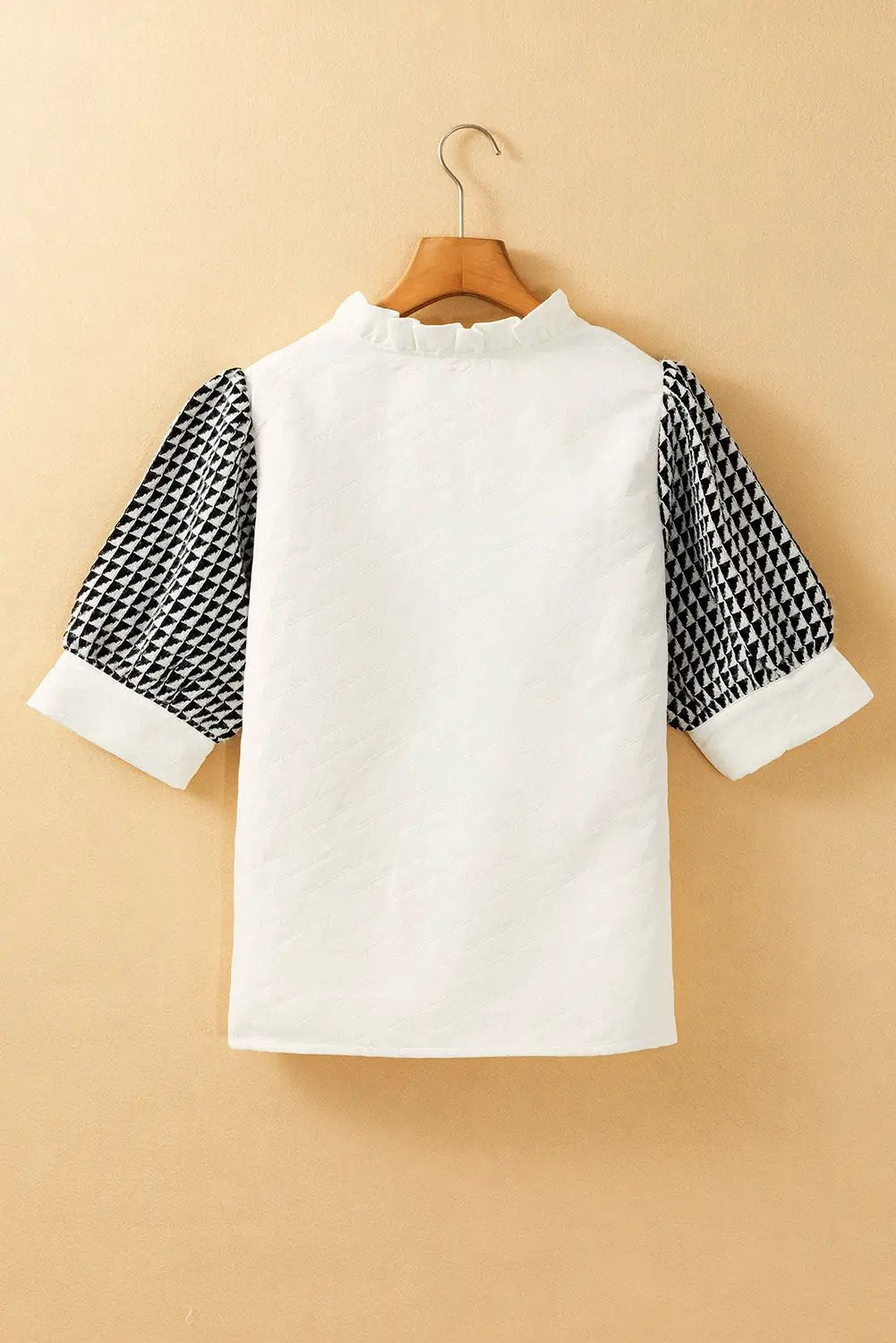 Grateful Threads Boutique White Geometric Textured Short Sleeve Frilly V Neck Blouse - Blouses White Geometric Textured Short Sleeve Frilly V Neck Blouse