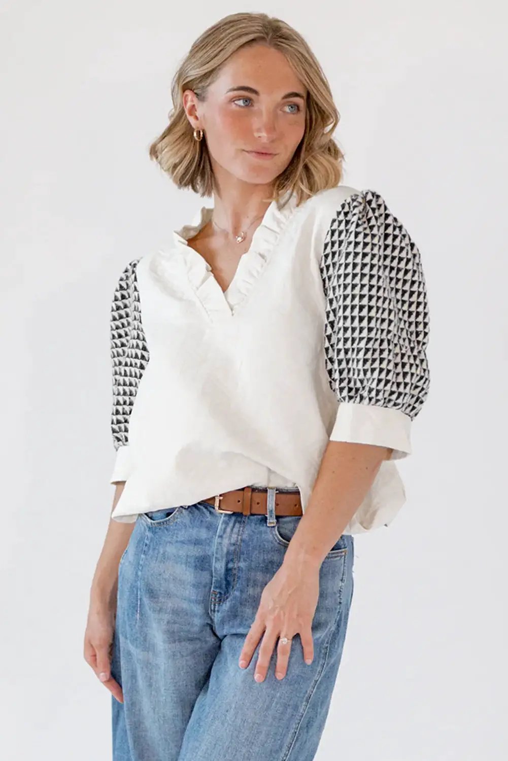 Grateful Threads Boutique White Geometric Textured Short Sleeve Frilly V Neck Blouse - Blouses White Geometric Textured Short Sleeve Frilly V Neck Blouse