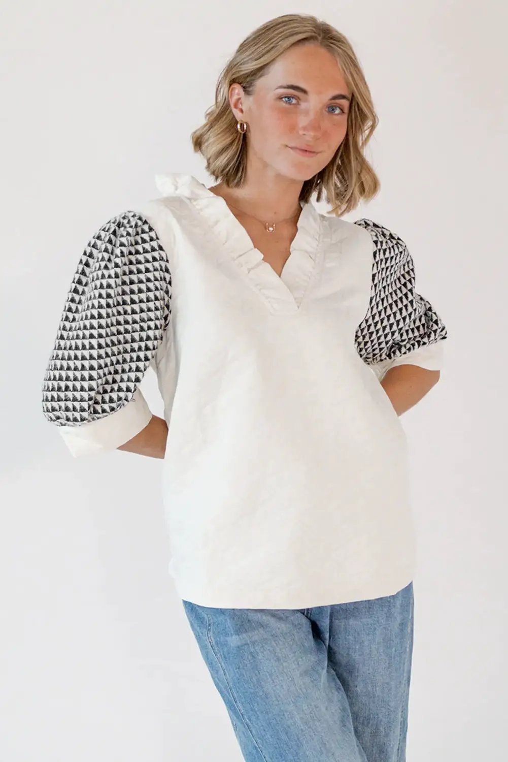 Grateful Threads Boutique White Geometric Textured Short Sleeve Frilly V Neck Blouse - Blouses White Geometric Textured Short Sleeve Frilly V Neck Blouse
