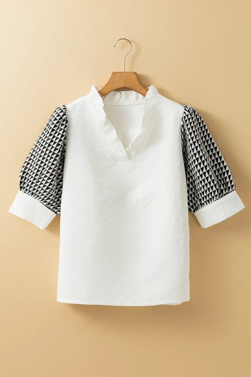 Grateful Threads Boutique White Geometric Textured Short Sleeve Frilly V Neck Blouse - Blouses White Geometric Textured Short Sleeve Frilly V Neck Blouse