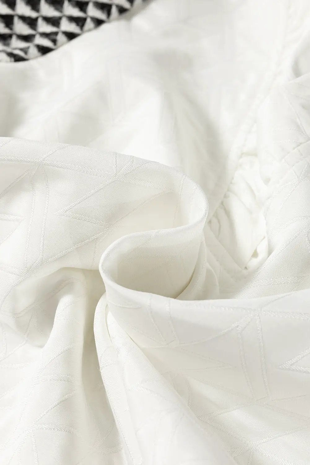 Grateful Threads Boutique White Geometric Textured Short Sleeve Frilly V Neck Blouse - Blouses White Geometric Textured Short Sleeve Frilly V Neck Blouse