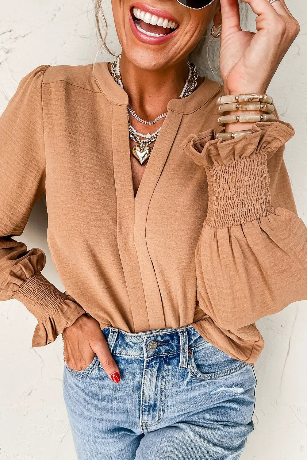 Grateful Threads Boutique Straw Yellow Shirred Cuff Notch Blouse - Blouses