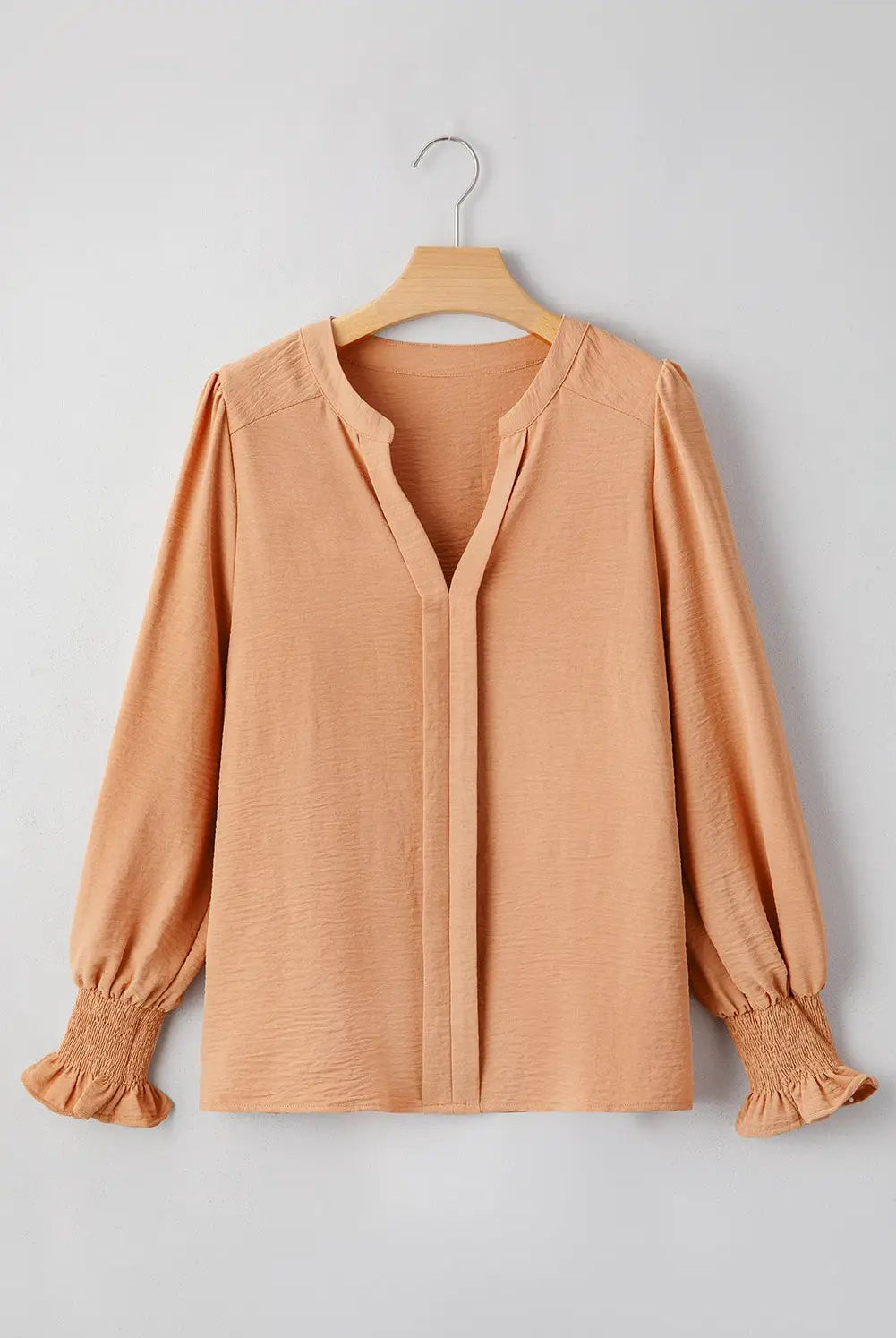 Grateful Threads Boutique Straw Yellow Shirred Cuff Notch Blouse - Blouses