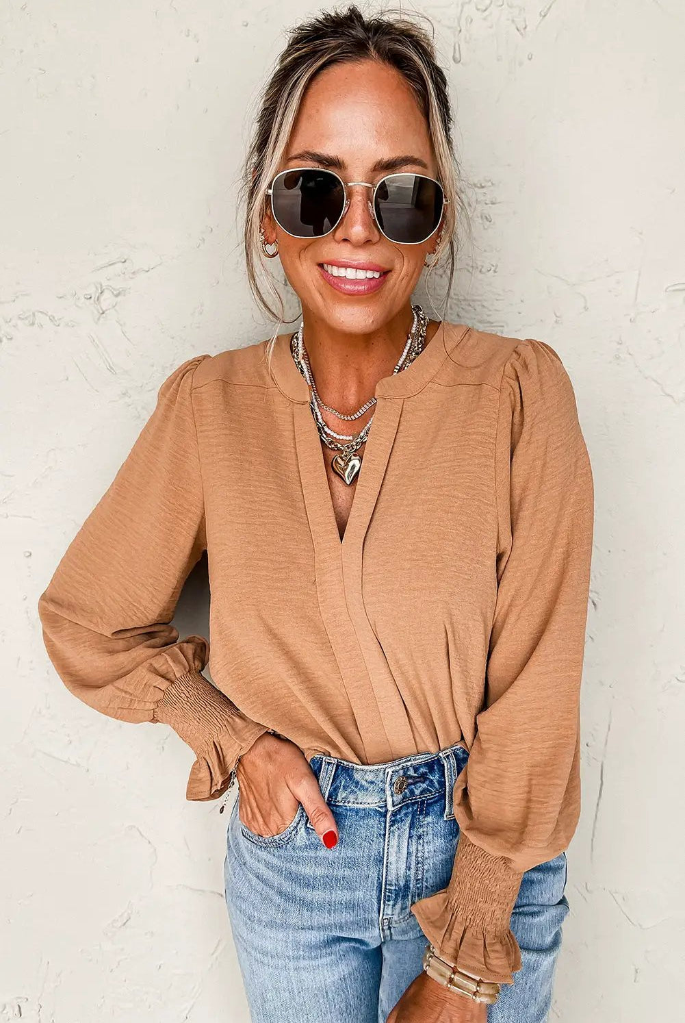 Grateful Threads Boutique Straw Yellow Shirred Cuff Notch Blouse - Blouses