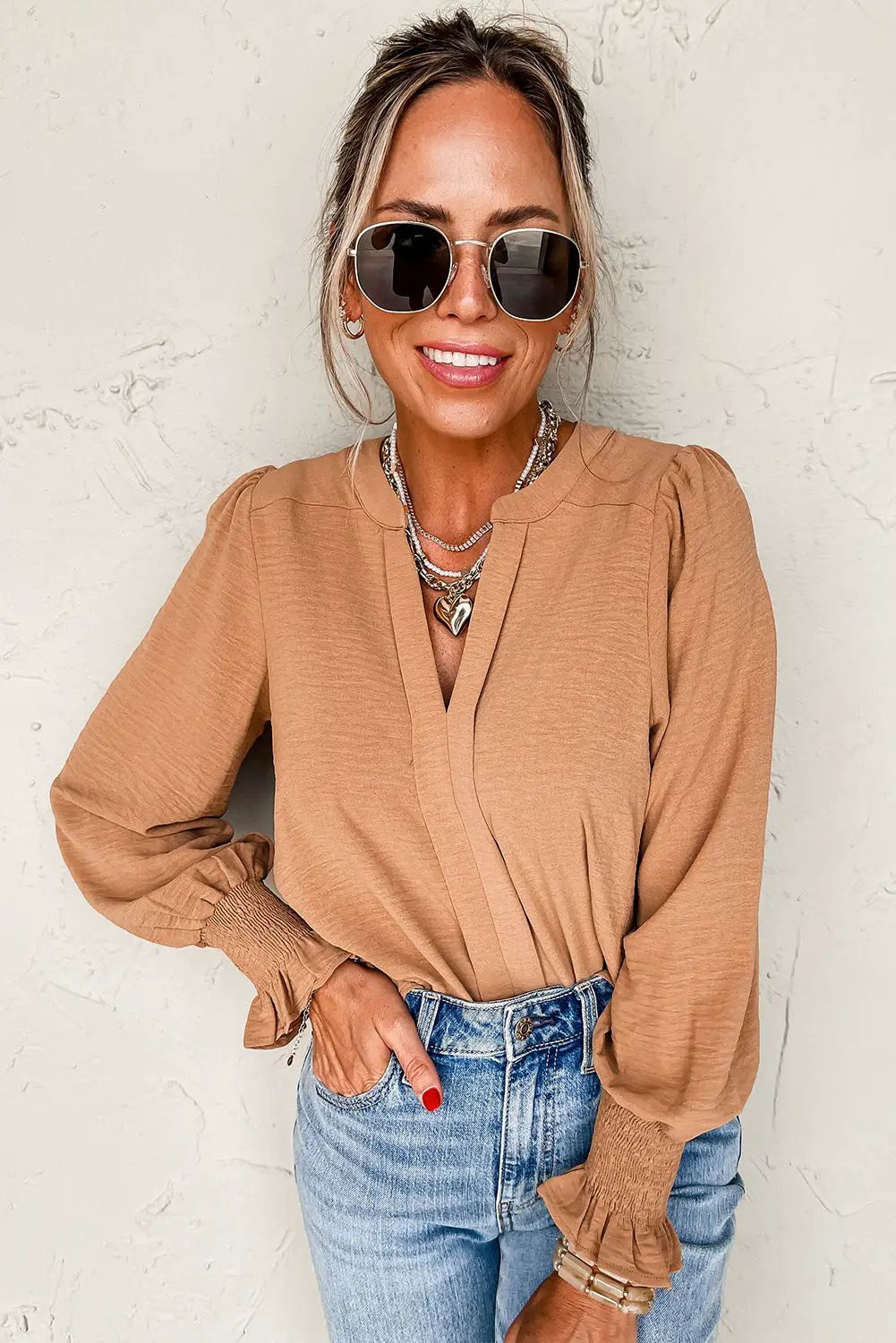 Grateful Threads Boutique Straw Yellow Shirred Cuff Notch Blouse - Blouses