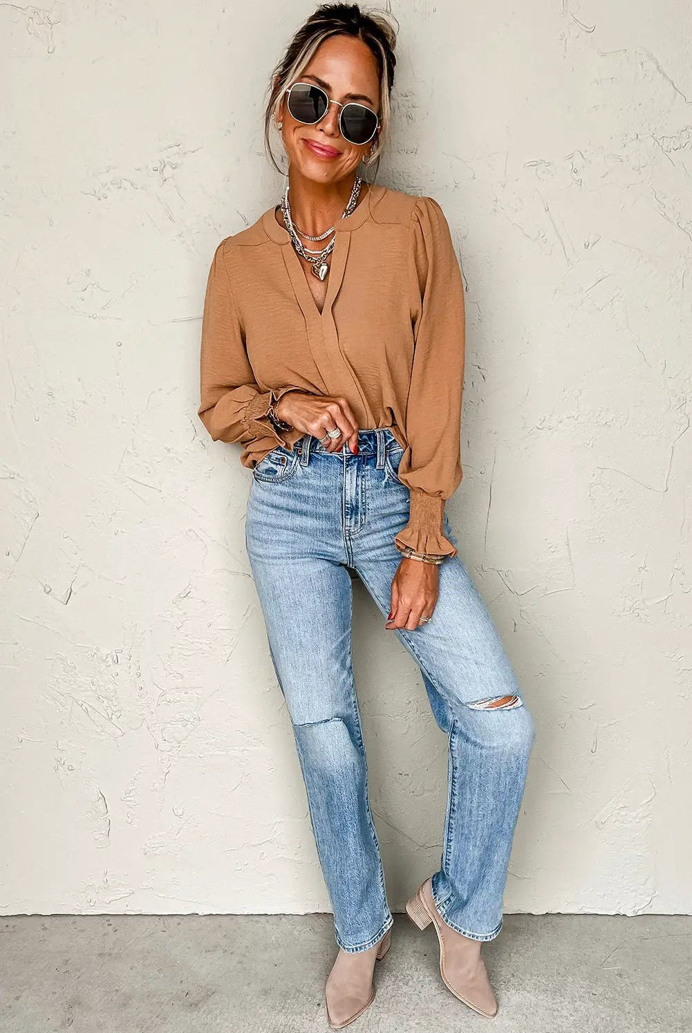 Grateful Threads Boutique Straw Yellow Shirred Cuff Notch Blouse - Blouses