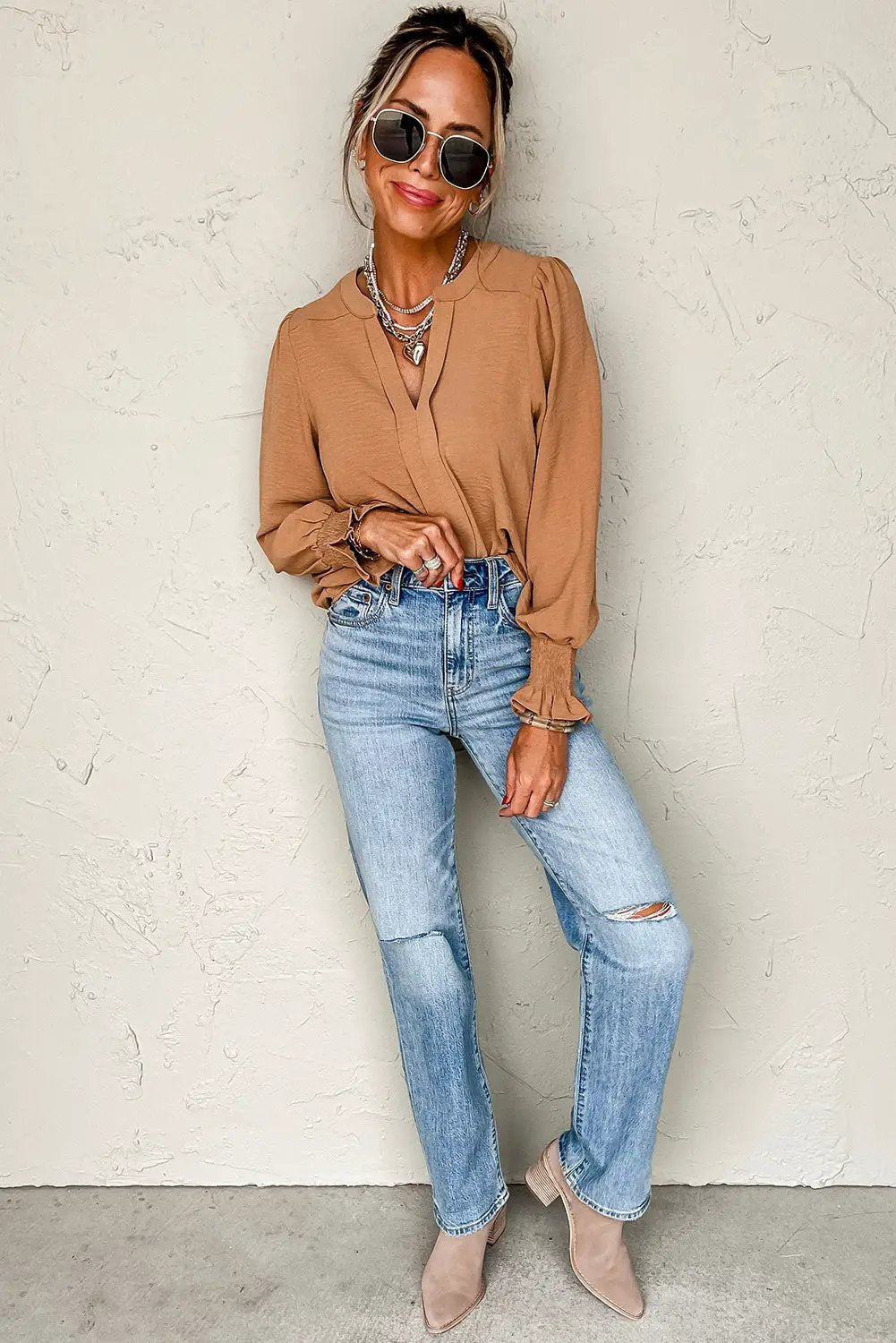 Grateful Threads Boutique Straw Yellow Shirred Cuff Notch Blouse - Blouses