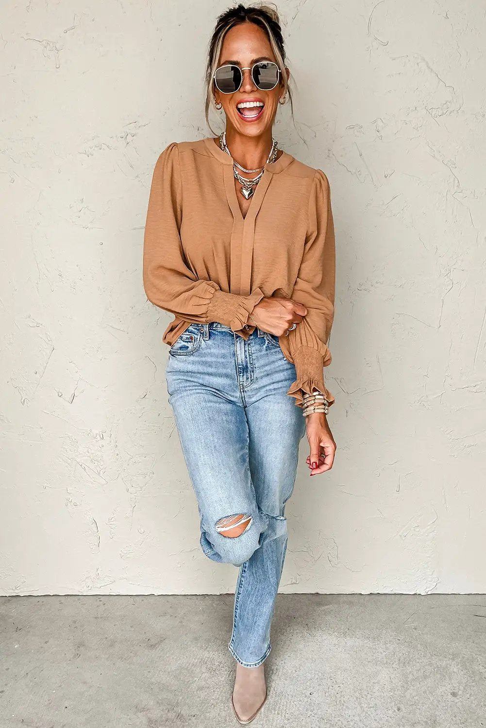 Grateful Threads Boutique Straw Yellow Shirred Cuff Notch Blouse - Blouses