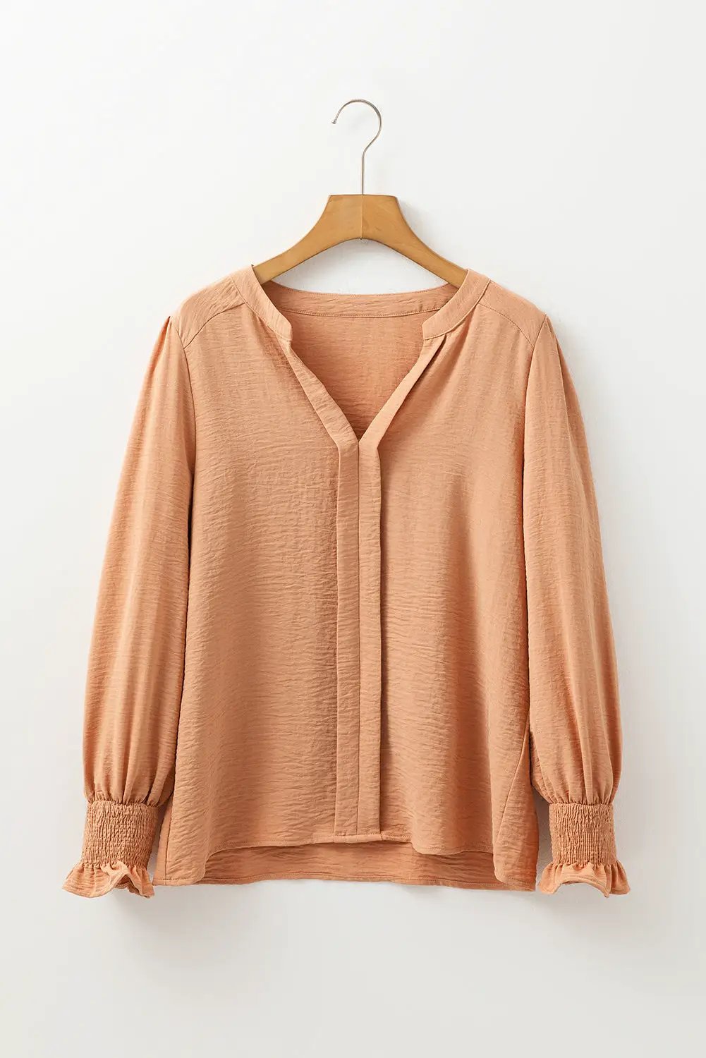 Grateful Threads Boutique Straw Yellow Shirred Cuff Notch Blouse - Blouses
