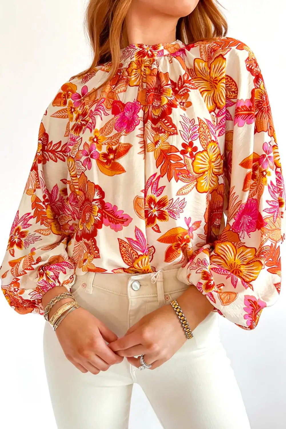 Grateful Threads Boutique Orange Floral Print Pearl Button Keyhole Long Puff Sleeve Blouse - Blouses Orange Floral Print Pearl Button Keyhole Long Puff Sleeve Blouse
