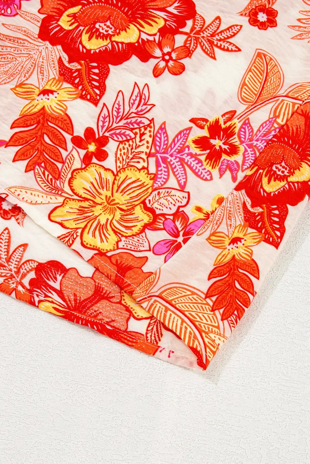 Grateful Threads Boutique Orange Floral Print Pearl Button Keyhole Long Puff Sleeve Blouse - Blouses Orange Floral Print Pearl Button Keyhole Long Puff Sleeve Blouse