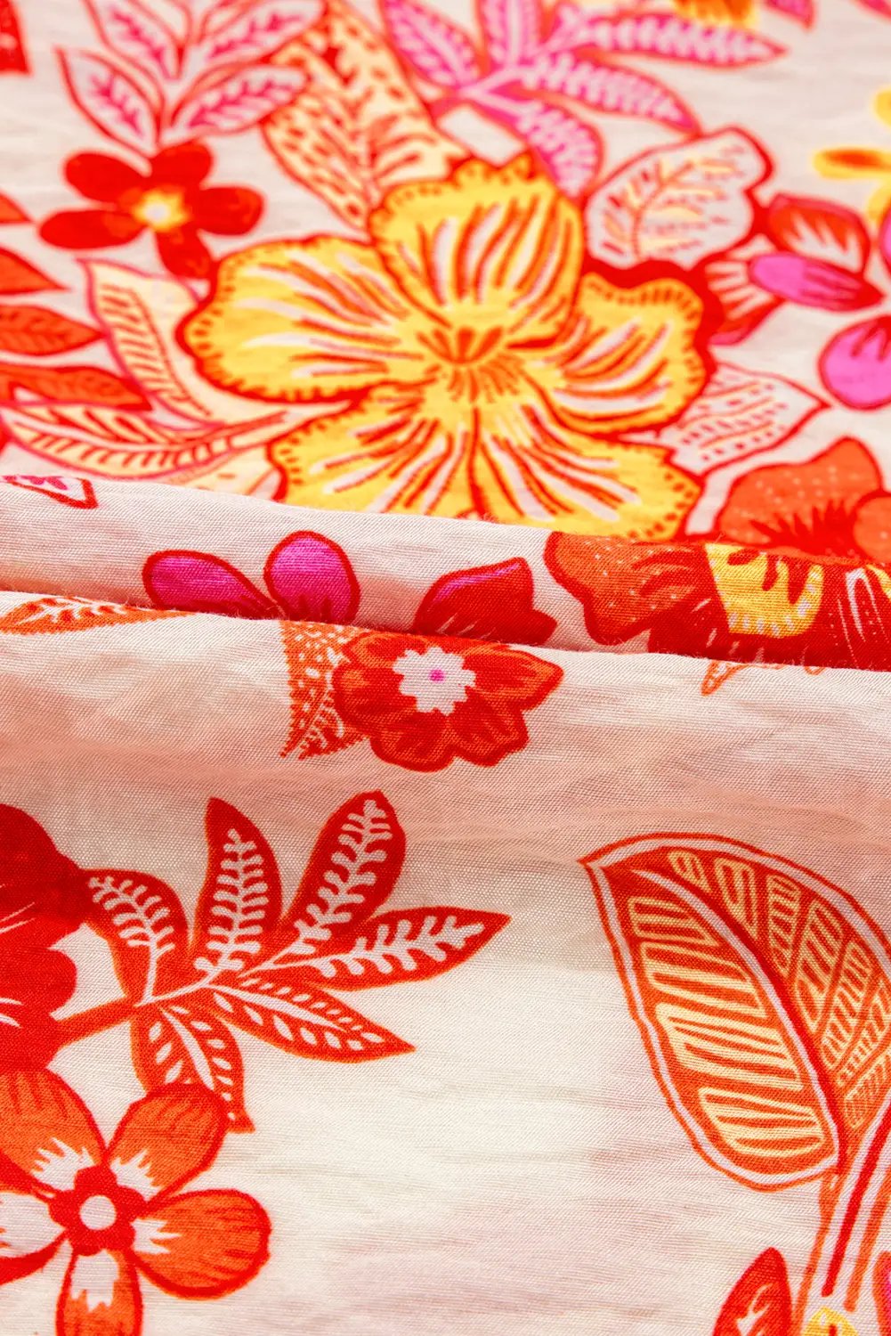 Grateful Threads Boutique Orange Floral Print Pearl Button Keyhole Long Puff Sleeve Blouse - Blouses Orange Floral Print Pearl Button Keyhole Long Puff Sleeve Blouse