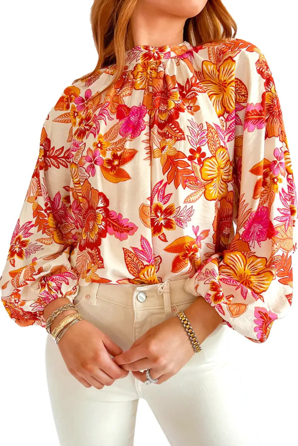 Grateful Threads Boutique Orange Floral Print Pearl Button Keyhole Long Puff Sleeve Blouse - Blouses Orange Floral Print Pearl Button Keyhole Long Puff Sleeve Blouse