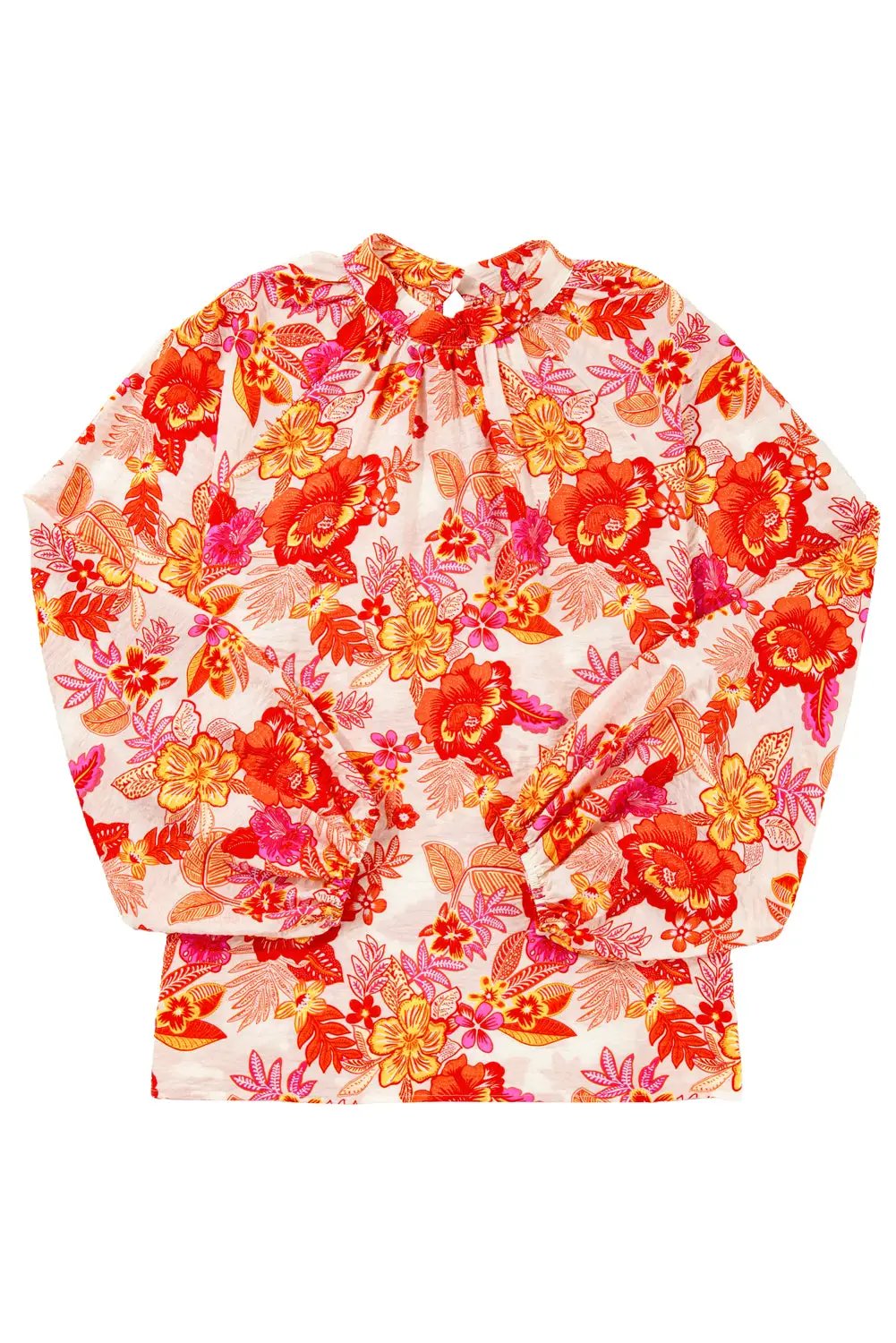 Grateful Threads Boutique Orange Floral Print Pearl Button Keyhole Long Puff Sleeve Blouse - Blouses Orange Floral Print Pearl Button Keyhole Long Puff Sleeve Blouse