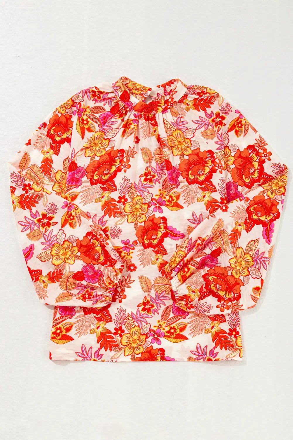 Grateful Threads Boutique Orange Floral Print Pearl Button Keyhole Long Puff Sleeve Blouse - Blouses Orange Floral Print Pearl Button Keyhole Long Puff Sleeve Blouse