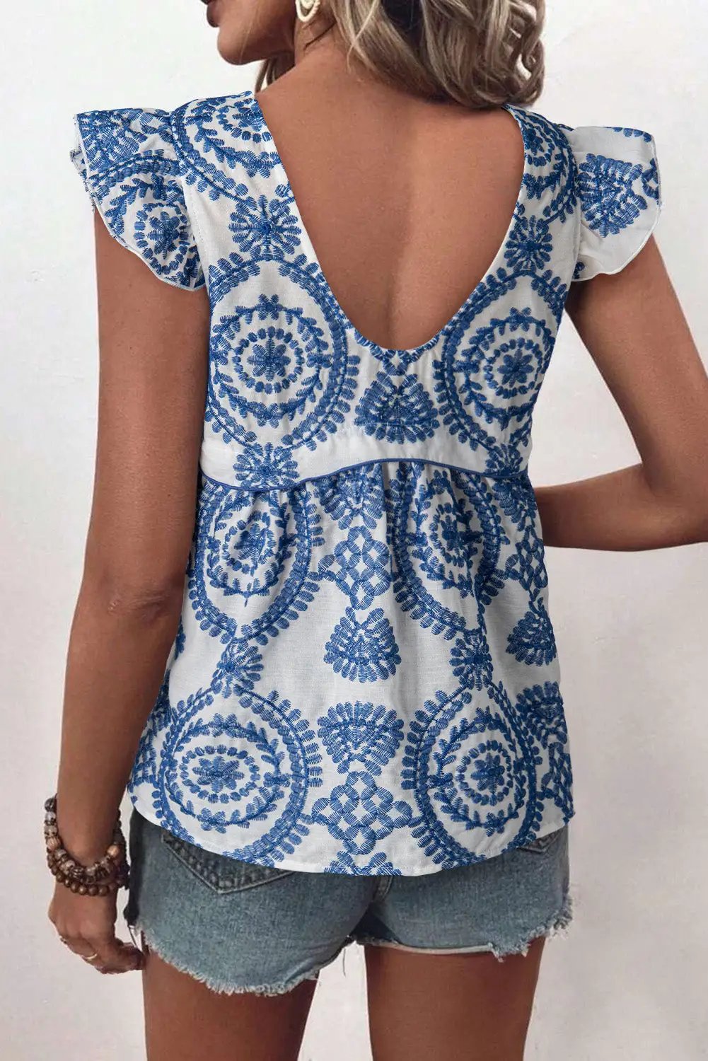 Grateful Threads Boutique Blue Boho Print Flutter Sleeve Crew Neck Blouse - Blouses Blue Boho Print Flutter Sleeve Crew Neck Blouse