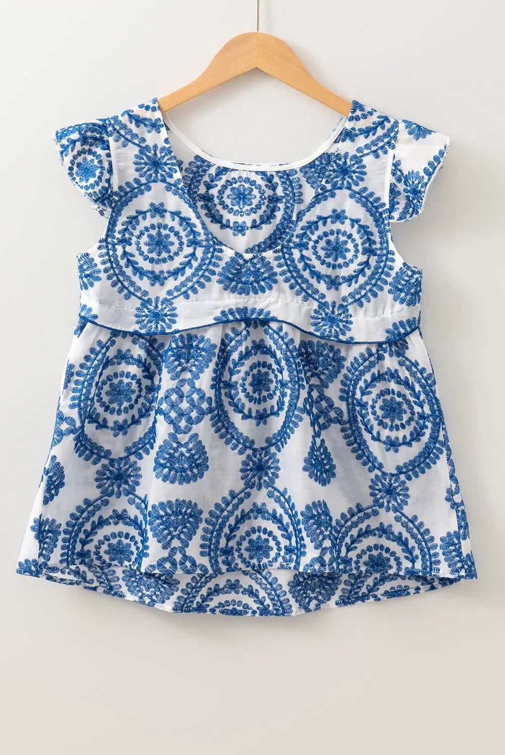 Grateful Threads Boutique Blue Boho Print Flutter Sleeve Crew Neck Blouse - Blouses Blue Boho Print Flutter Sleeve Crew Neck Blouse