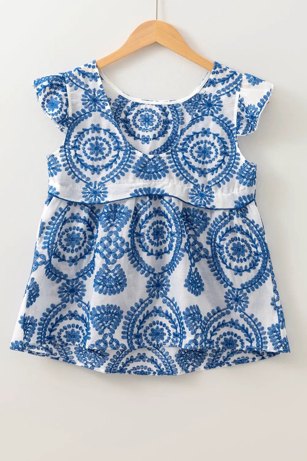 Grateful Threads Boutique Blue Boho Print Flutter Sleeve Crew Neck Blouse - Blouses Blue Boho Print Flutter Sleeve Crew Neck Blouse