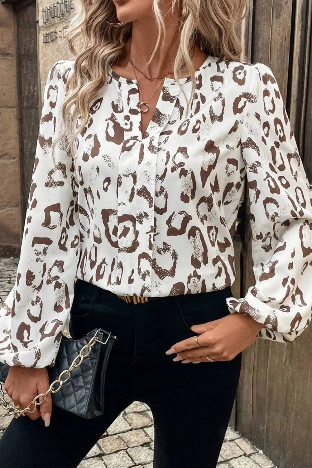 Grateful Threads Boutique Khaki Leopard Print Split Neck Balloon Sleeve Blouse - Blouses Leopard Print Balloon Sleeve Blouse