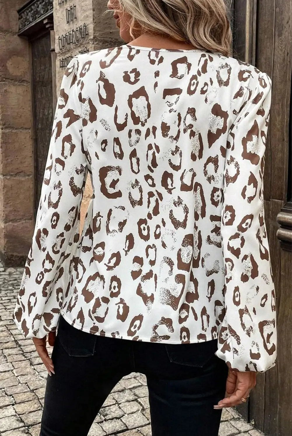 Grateful Threads Boutique Khaki Leopard Print Split Neck Balloon Sleeve Blouse - Blouses Leopard Print Balloon Sleeve Blouse