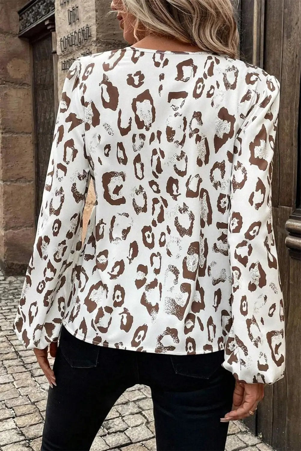 Grateful Threads Boutique Khaki Leopard Print Split Neck Balloon Sleeve Blouse - Blouses Leopard Print Balloon Sleeve Blouse