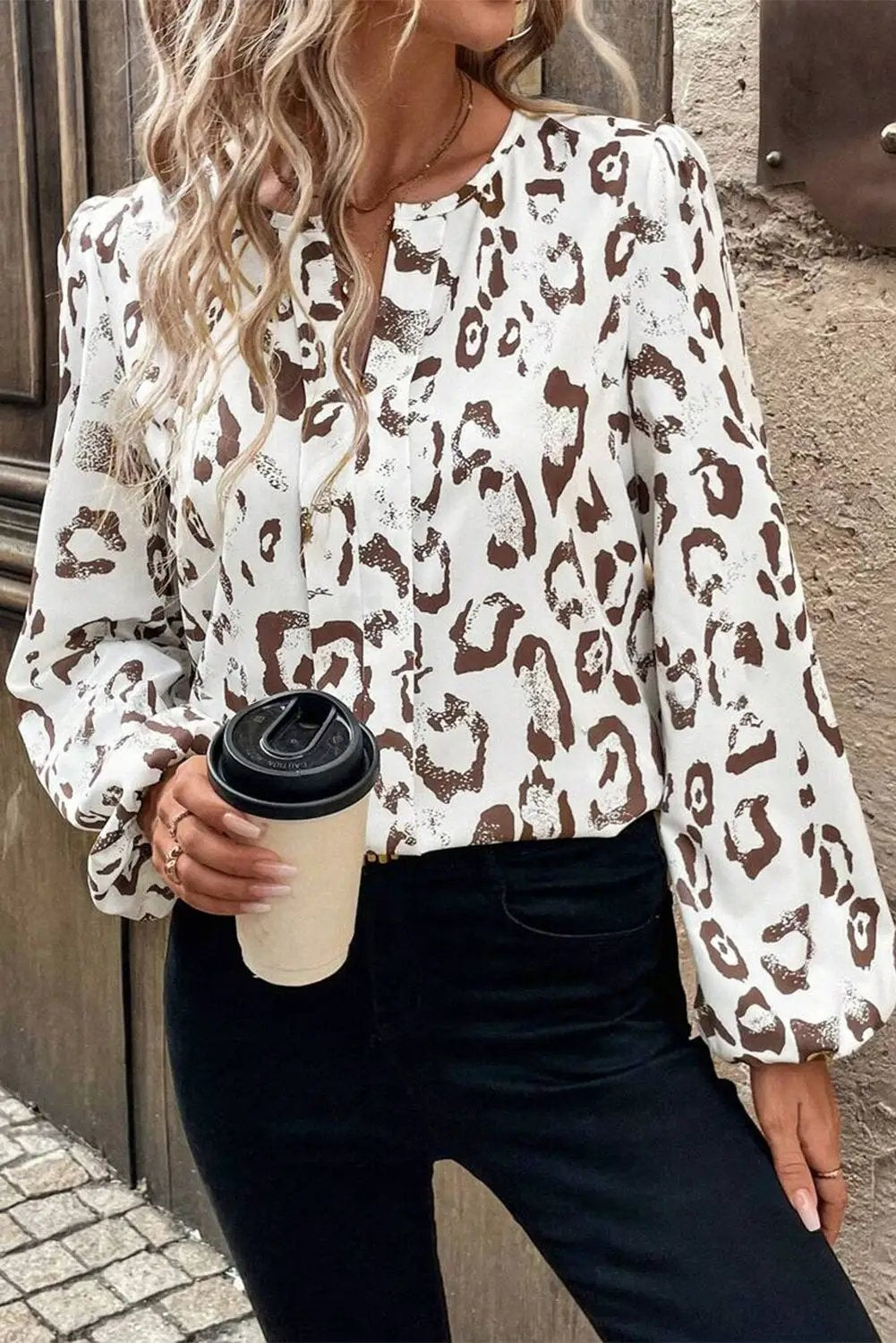 Grateful Threads Boutique Khaki Leopard Print Split Neck Balloon Sleeve Blouse - Blouses Leopard Print Balloon Sleeve Blouse