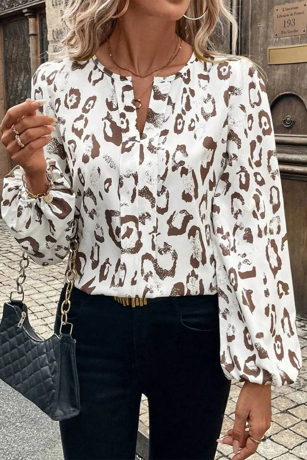 Grateful Threads Boutique Khaki Leopard Print Split Neck Balloon Sleeve Blouse - Blouses Leopard Print Balloon Sleeve Blouse