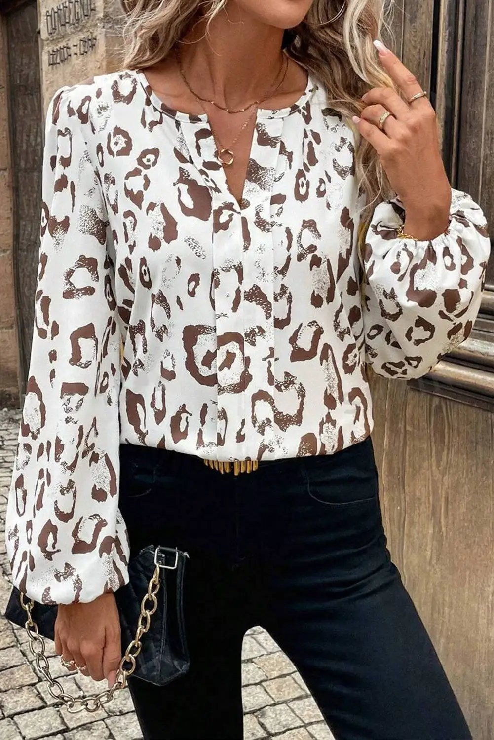 Grateful Threads Boutique Khaki Leopard Print Split Neck Balloon Sleeve Blouse - Blouses Leopard Print Balloon Sleeve Blouse