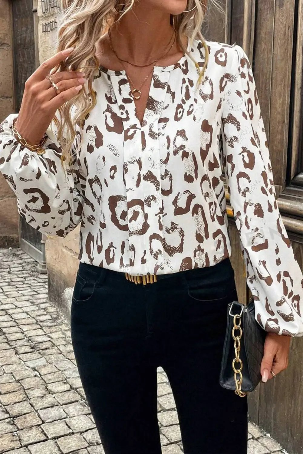 Grateful Threads Boutique Khaki Leopard Print Split Neck Balloon Sleeve Blouse - Blouses Leopard Print Balloon Sleeve Blouse